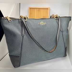 COACH Navy Royal Blue Checkered City Zip Carryall Shoulder Tote Bag Leather Trim